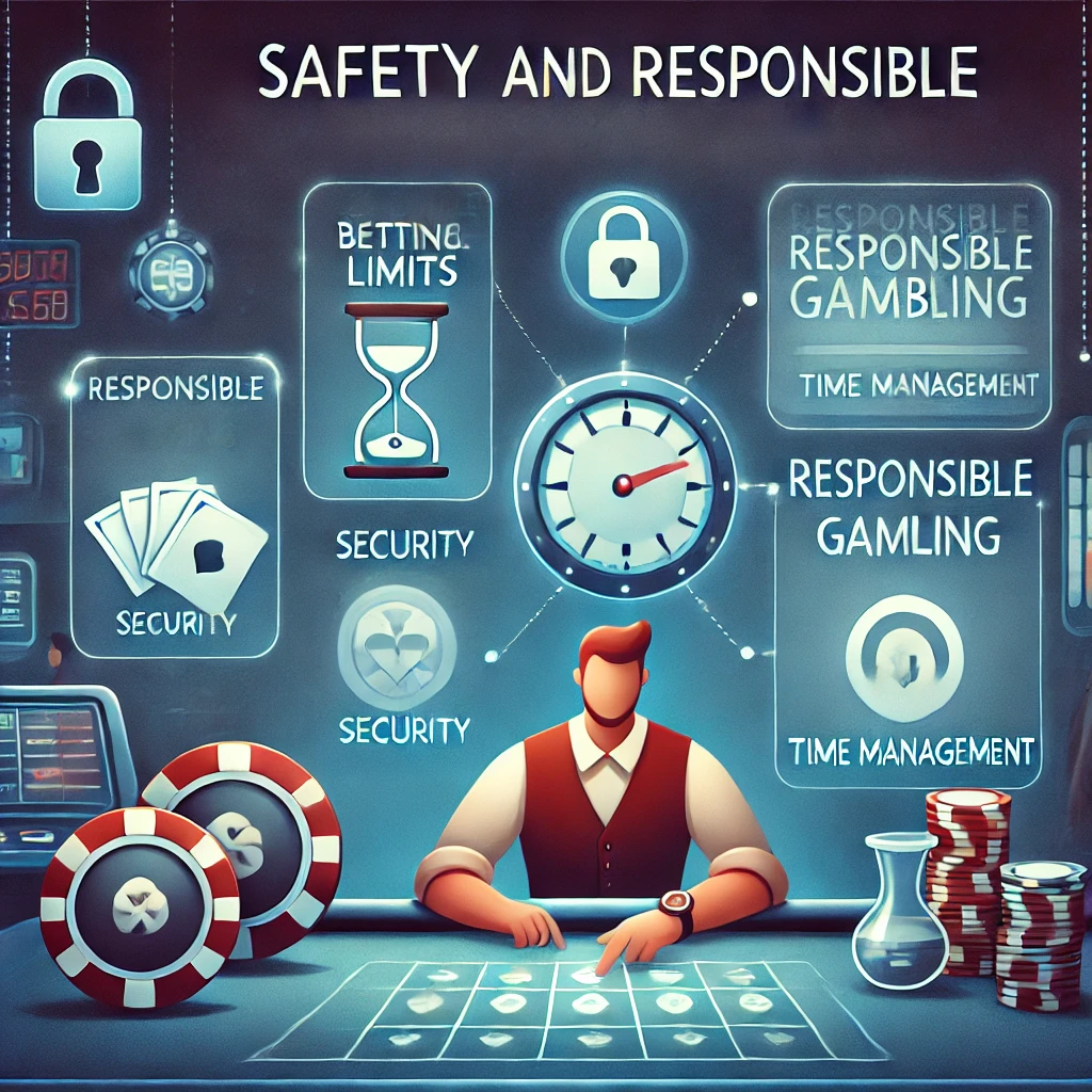 An image depicting various safety measures in online casinos, such as encryption symbols, regulatory body logos, and responsible gaming tools like deposit limits and self-exclusion options.